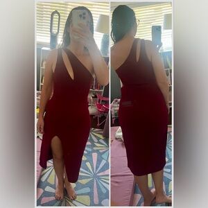 Lulus S one shoulder maroon thigh slit strappy mini dress
